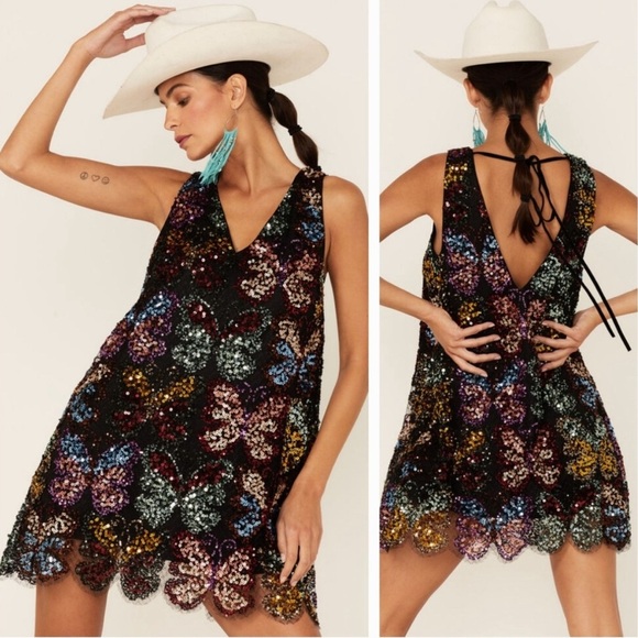Free People Fly Me Away Mini Dress in Black Combo Butterfly Sequins RARE FIND S - Picture 1 of 10